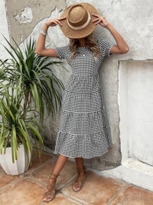 Breezaya Gingham Puff Sleeve Ruffle Hem Smock Dress - Black and White - View 3