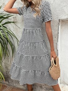 Breezaya Gingham Puff Sleeve Ruffle Hem Smock Dress - Black and White - View 4
