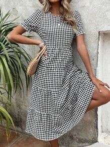Breezaya Gingham Puff Sleeve Ruffle Hem Smock Dress - Black and White - View 5