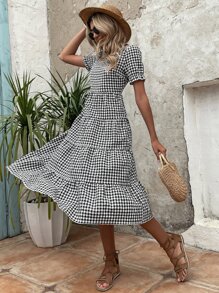 Breezaya Gingham Puff Sleeve Ruffle Hem Smock Dress - Black and White - View 6