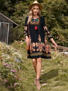 EMERY ROSE Embroidery Floral Detail Tassel Knot Front Dress - Multicolor - View 4