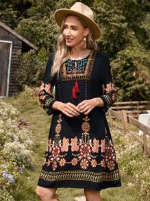 EMERY ROSE Embroidery Floral Detail Tassel Knot Front Dress - Multicolor - View 5