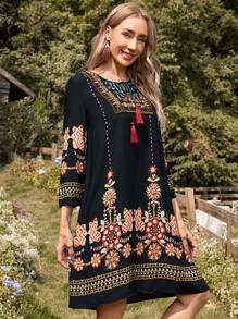 EMERY ROSE Embroidery Floral Detail Tassel Knot Front Dress - Multicolor - View 6