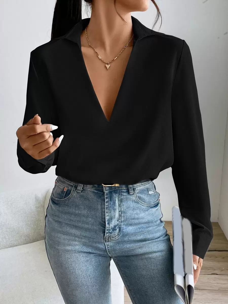 SHEIN Essnce Solid V Neck Blouse - Black - View 1