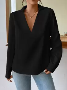 SHEIN Essnce Solid V Neck Blouse - Black - View 3