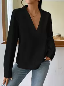 SHEIN Essnce Solid V Neck Blouse - Black - View 4