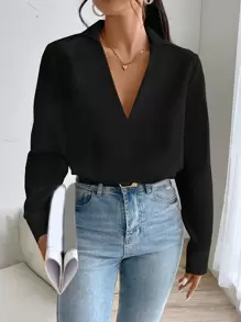 SHEIN Essnce Solid V Neck Blouse - Black - View 6