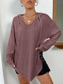 SHEIN Essnce 落肩袖弧形下擺抽繩連帽衫 - 藕粉色 - 查看 1