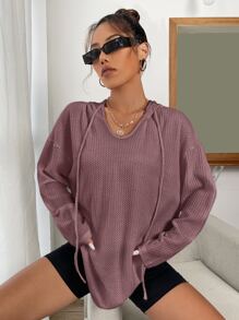 SHEIN Essnce 落肩袖弧形下擺抽繩連帽衫 - 藕粉色 - 查看 3