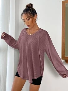 SHEIN Essnce 落肩袖弧形下擺抽繩連帽衫 - 藕粉色 - 查看 5