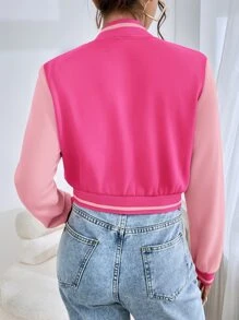 SHEIN EZwear Letter Patched Crop Varsity Jacket In Fall/Winter - Pink - View 2