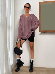 SHEIN Essnce 落肩袖弧形下擺抽繩連帽衫 - 藕粉色 - 查看 6