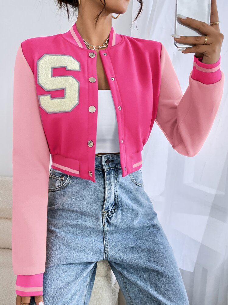 SHEIN EZwear 秋冬字母拼接短款校队夹克 - 粉色 - 查看 3