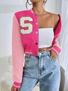 SHEIN EZwear Letter Patched Crop Varsity Jacket In Fall/Winter - Pink - View 5