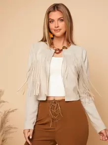 SHEIN Clasi Fringe Trim Open Front Faux Suede Jacket - Beige - View 2