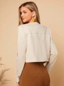 SHEIN Clasi Fringe Trim Open Front Faux Suede Jacket - Beige - View 3