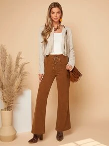 SHEIN Clasi Fringe Trim Open Front Faux Suede Jacket - Beige - View 4