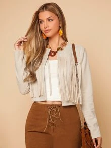 SHEIN Clasi Fringe Trim Open Front Faux Suede Jacket - Beige - View 1