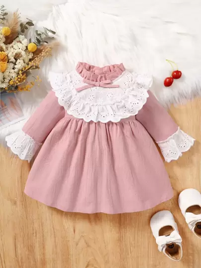 SHEIN Vintaside Kids 嬰兒網眼刺繡荷葉邊荷葉袖連衣裙