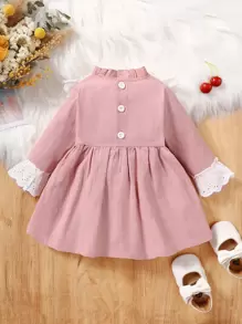 SHEIN Vintaside Kids Baby Girl Eyelet Embroidery Ruffle Trim Flounce Sleeve Dress - Pink - View 2
