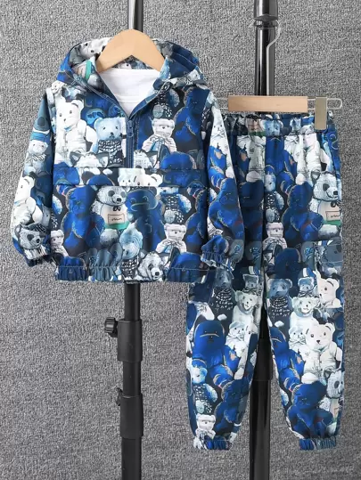 SHEIN 小男童滿版小熊印花半拉鏈夾克和褲子