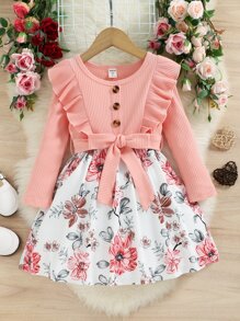 Young Girl Floral Print Ruffle Trim Belted Dress - Multicolor - View 1