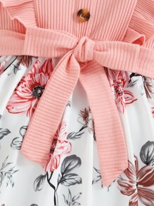 Young Girl Floral Print Ruffle Trim Belted Dress - Multicolor - View 3