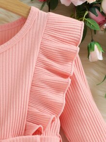 Young Girl Floral Print Ruffle Trim Belted Dress - Multicolor - View 5