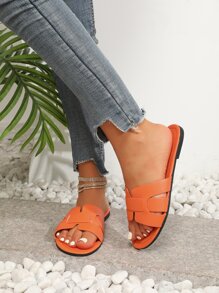 Zapatillas planas naranjas de moda para exteriores para mujer, sandalias deslizantes con punta abierta artificial liso con correa entrelazada - Naranja - Ver 3