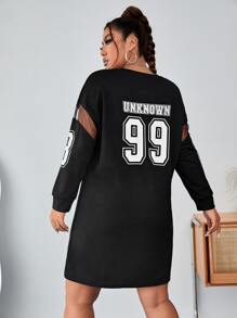 Flirla Plus Letter Graphic Mesh Insert Drop Shoulder Dress - Black - View 1