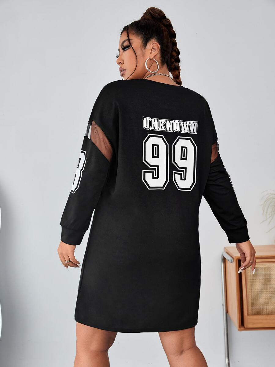Flirla Plus Letter Graphic Mesh Insert Drop Shoulder Dress - Black - View 1