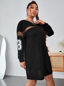 Flirla Plus Letter Graphic Mesh Insert Drop Shoulder Dress - Black - View 2