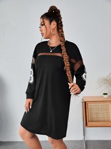 Flirla Plus Letter Graphic Mesh Insert Drop Shoulder Dress - Black - View 3