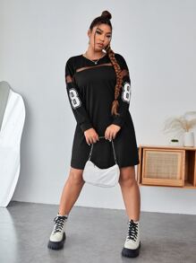 Flirla Plus Letter Graphic Mesh Insert Drop Shoulder Dress - Black - View 4