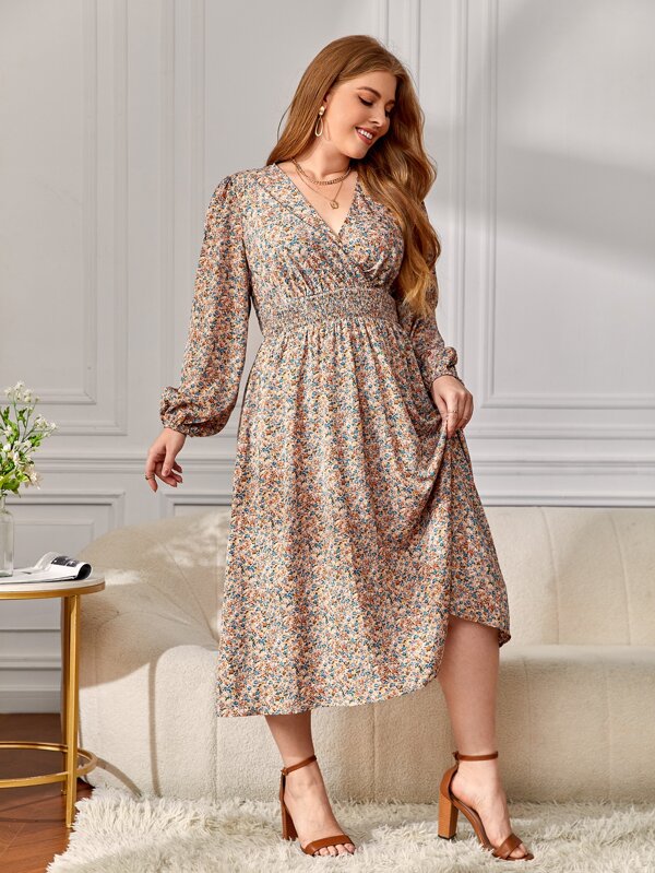 SHEIN LUNE Plus Ditsy Floral Shirred Waist Dress | SHEIN USA