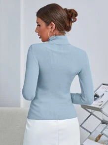 INAWLY Solid High Neck Rib-Knit Sweater,Long Sleeve Tops Knit Pullover Fall Winter Outfit - Baby Blue - View 2