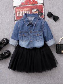 Toddler Girls 1pc Bleach Wash Flap Pocket Denim Shirt - Dark Wash - View 1
