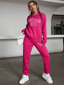 INAWLY 字母圖案抽繩保暖連帽衫和運動褲 - 玫紅色 - 查看 3