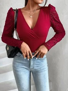 Chiquease Contrast Lace Puff Sleeve Plunge Neck Top - Burgundy - View 1