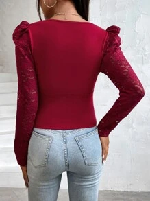 Chiquease Contrast Lace Puff Sleeve Plunge Neck Top - Burgundy - View 2