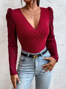 Chiquease Contrast Lace Puff Sleeve Plunge Neck Top - Burgundy - View 3