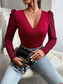 Chiquease Contrast Lace Puff Sleeve Plunge Neck Top - Burgundy - View 4