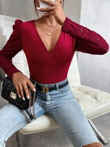 Chiquease Contrast Lace Puff Sleeve Plunge Neck Top - Burgundy - View 5