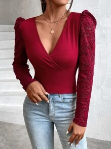 Chiquease Contrast Lace Puff Sleeve Plunge Neck Top - Burgundy - View 6