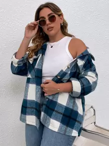 SHEIN LUNE Plus Plaid Flap Pocket Drop Shoulder Overcoat - Blue - View 1