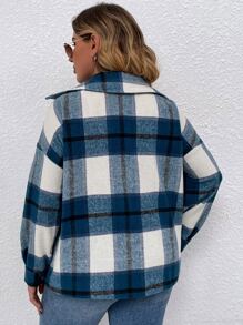 SHEIN LUNE Plus Plaid Flap Pocket Drop Shoulder Overcoat - Blue - View 2