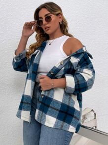 SHEIN LUNE Plus Plaid Flap Pocket Drop Shoulder Overcoat - Blue - View 3