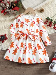 小女童聖誕薑餅印花繫腰帶洋裝