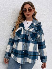 SHEIN LUNE Plus Plaid Flap Pocket Drop Shoulder Overcoat - Blue - View 4