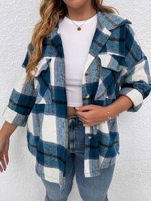 SHEIN LUNE Plus Plaid Flap Pocket Drop Shoulder Overcoat - Blue - View 5